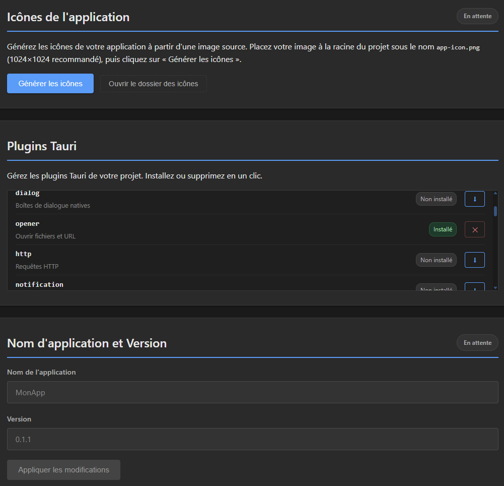 Étape 2 — Actions : génération des icônes, gestion des plugins Tauri, nom d'application et version.