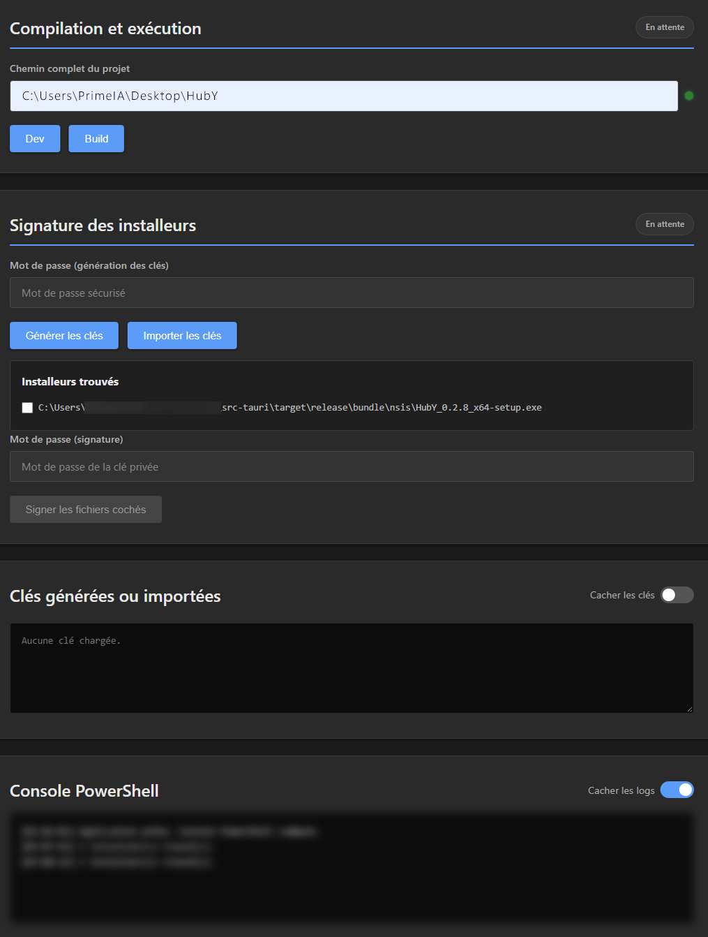 Étape 3 — Compilation : commandes Dev/Build, génération et import de clés, signature des installateurs.
