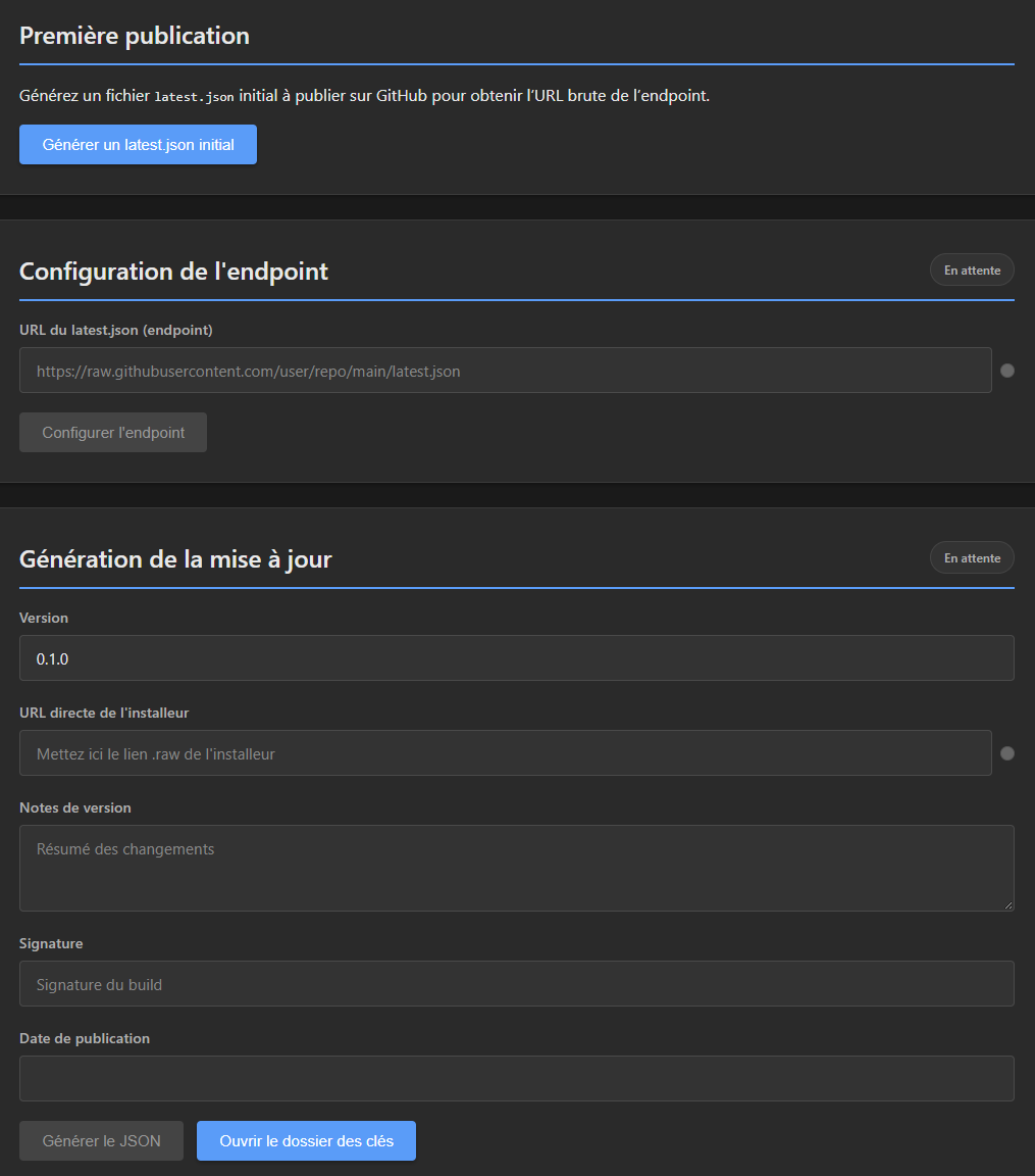 Étape 4 — Mise à jour : endpoint latest.json, génération de la mise à jour, notes de version et signature.