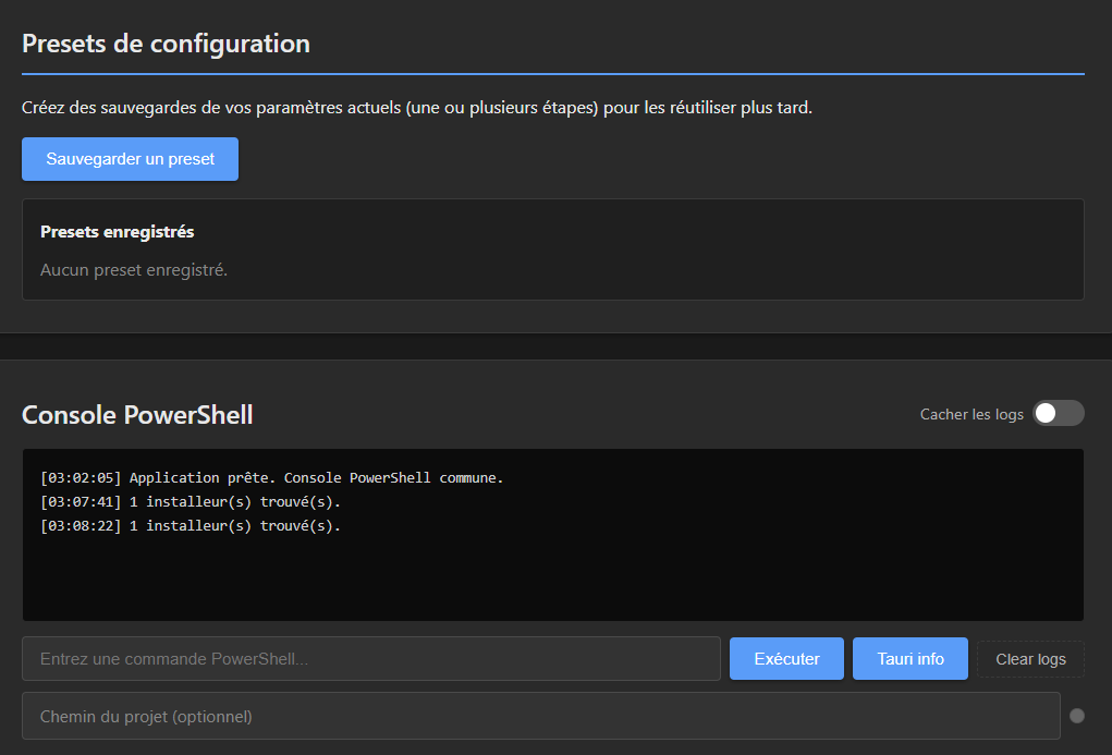 Outils — Presets de configuration enregistrés et console PowerShell intégrée.